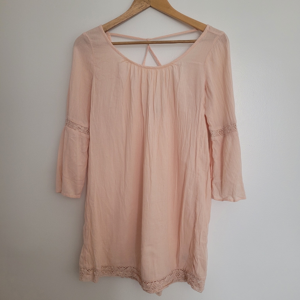 Aerie Boho Gauze Bell Sleeve Tunic Dress Pink Peach Crochet Lace Trim XS